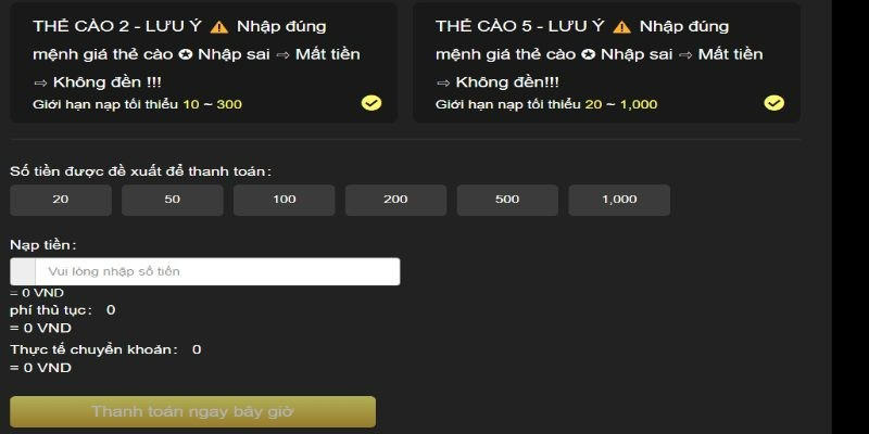 Cách nạp tiền King88 thông qua thẻ cào